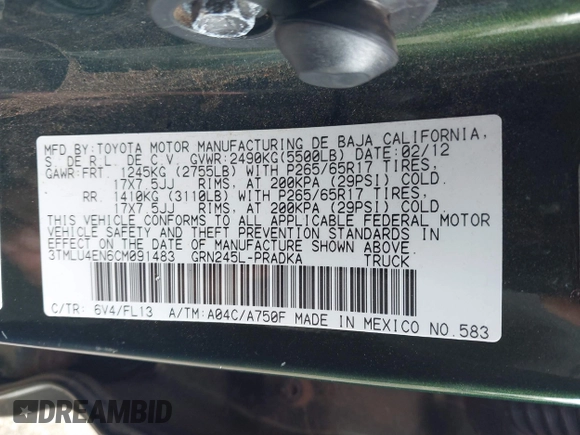 2012 Toyota Tacoma z VIN 3TMLU4EN6CM091483, wystawiony jako IAAI lot #41464391 z przebiegiem 124 204 mil mil oraz . Historia ofert i sprzedaży dostępna na DreamBid. Obrazek 9.