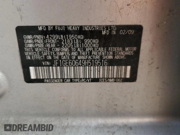 2009 Subaru Impreza i с VIN JF1GE60649H519516, выставлен на аукционе Copart как лот 60537615 с пробегом 200 452 миль миль и Чистый • Clean title. История ставок и продаж доступна на DreamBid. Изображение 12.