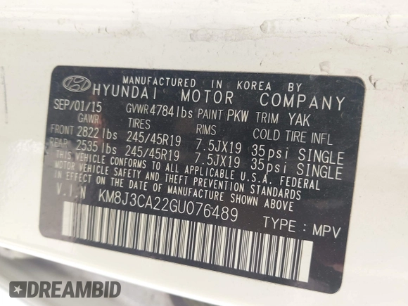 2016 Hyundai Tucson Eco with VIN KM8J3CA22GU076489, listed as a IAAI auction lot 42169732 with 153,597 mi miles. Bid and sale history available at carsss.com. Image 9.