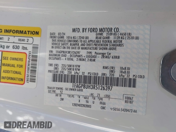 2024 Ford Mustang EcoBoost with VIN 1FAGP8UH3R5126397, listed as a IAAI auction lot 41917899 with 15,743 mi miles and . Bid and sale history available at DreamBid. Image 9.