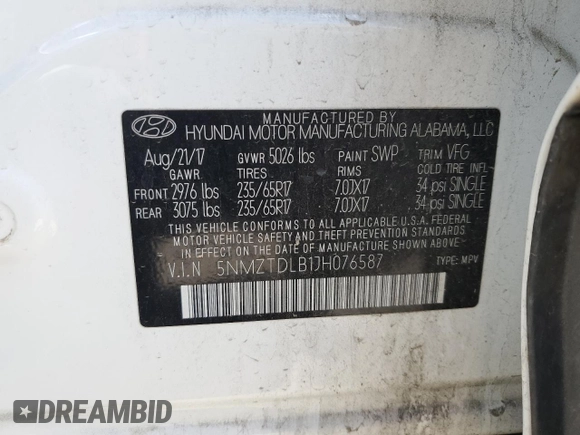 2018 Hyundai Santa Fe 2.4L z VIN 5NMZTDLB1JH076587, wystawiony jako Copart lot #51484585 z przebiegiem 106 026 mil mil oraz Szkoda całkowita • Salvage title. Historia ofert i sprzedaży dostępna na DreamBid. Obrazek 15.