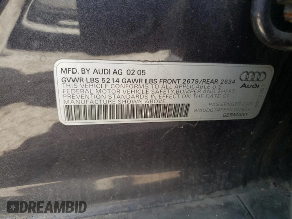 2005 Audi A6 with VIN WAUDG74F85N102609, listed as a Copart auction lot 59572414 with 174,527 mi miles and Salvage Title. Bid and sale history available at carsss.com. Image 12.