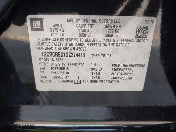 2016 Chevrolet Silverado 1500 LT with VIN 1GCRCREC1GZ374418, listed as a IAAI auction lot 41767741 with 123,632 mi miles. Bid and sale history available at carsss.com. Image 9.