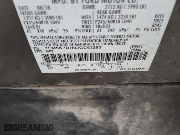 2018 Ford Explorer XLT с VIN 1FM5K7DH9JGC63293, выставлен на аукционе Copart как лот 51322605 с пробегом 105 808 миль миль и Списание • Salvage title. История ставок и продаж доступна на DreamBid. Изображение 13.