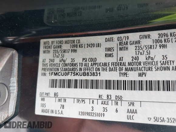 2019 Ford Escape S с VIN 1FMCU0F75KUB83831, выставлен на аукционе IAAI как лот 42048617 с пробегом 164 927 миль миль и . История ставок и продаж доступна на DreamBid. Изображение 9.