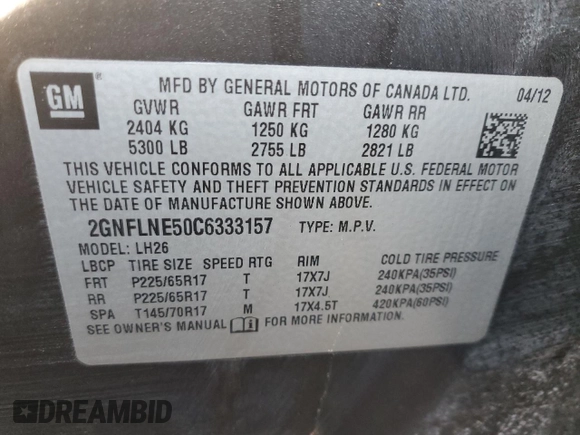 2012 Chevrolet Equinox 2LT with VIN 2GNFLNE50C6333157, listed as a Copart auction lot 43814405 with 206,232 mi miles and Salvage Title. Bid and sale history available at DreamBid. Image 12.