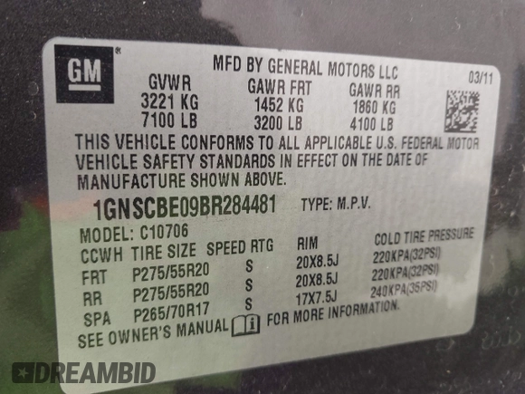 2011 Chevrolet Tahoe LT with VIN 1GNSCBE09BR284481, listed as a IAAI auction lot 42051462 with 194,670 mi miles and . Bid and sale history available at DreamBid. Image 9.