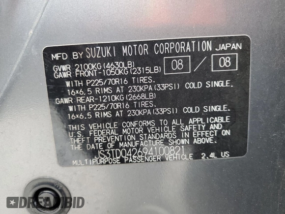 2009 Suzuki Grand Vitara with VIN JS3TD042694100821, listed as a Copart auction lot 57209065 with 89,362 mi miles and Salvage title. Bid and sale history available at DreamBid. Image 13.