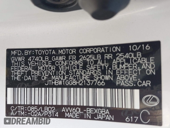 2017 Lexus ES 300h with VIN JTHBW1GG8H2137766, listed as a IAAI auction lot 41852302 with 88,937 mi miles and . Bid and sale history available at DreamBid. Image 9.