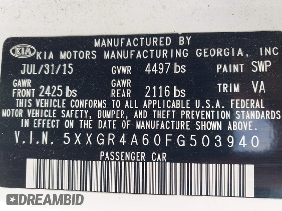2015 Kia Optima SX Turbo with VIN 5XXGR4A60FG503940, listed as a IAAI auction lot 41944773 with 214,914 mi miles. Bid and sale history available at carsss.com. Image 9.