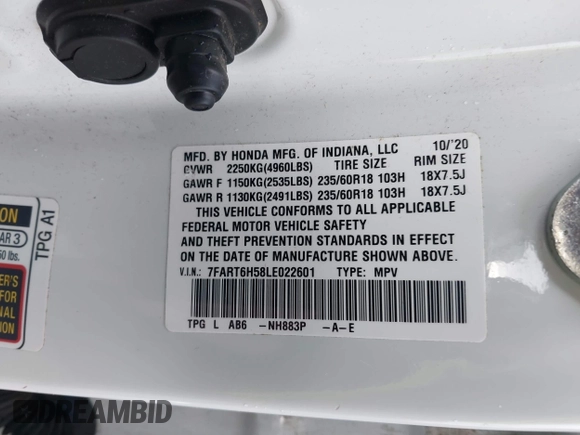2020 Honda CR-V EX with VIN 7FART6H58LE022601, listed as a IAAI auction lot 40930072 with 61,443 mi miles and . Bid and sale history available at DreamBid. Image 9.
