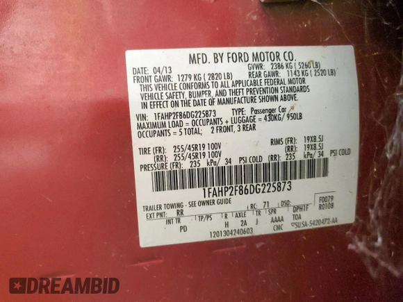 2013 Ford Taurus Limited with VIN 1FAHP2F86DG225873, listed as a Copart auction lot 63635585 with 131,817 mi miles and Clean title. Bid and sale history available at DreamBid. Image 13.