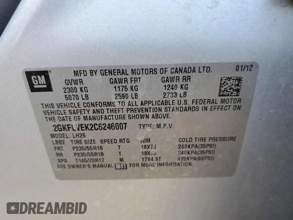 2012 GMC Terrain SLT-1 with VIN 2GKFLVEK2C6246007, listed as a Copart auction lot 48367345 with 108,331 mi miles and Salvage Title. Bid and sale history available at carsss.com. Image 13.