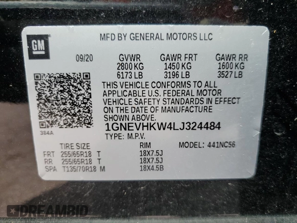 2020 Chevrolet Traverse LT Leather with VIN 1GNEVHKW4LJ324484, listed as a Copart auction lot 68303864 with 38,206 mi miles and Salvage Title. Bid and sale history available at carsss.com. Image 15.