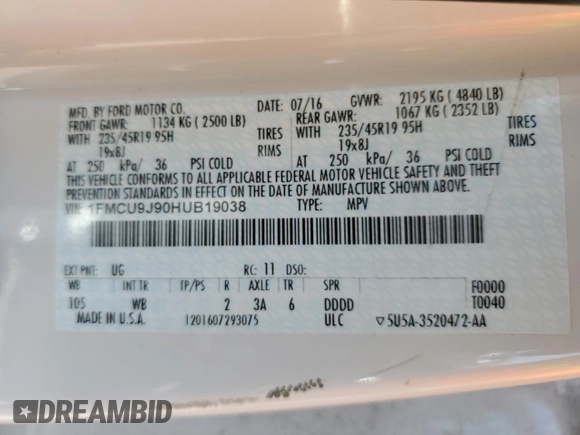 2017 Ford Escape Titanium with VIN 1FMCU9J90HUB19038, listed as a Copart auction lot 53947575 with 94,462 mi miles and Salvage Title. Bid and sale history available at carsss.com. Image 13.