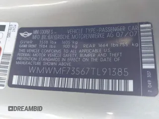 2007 MINI Hardtop S with VIN WMWMF73567TL91385, listed as a IAAI auction lot 41866865 with 114,778 mi miles and . Bid and sale history available at DreamBid. Image 9.