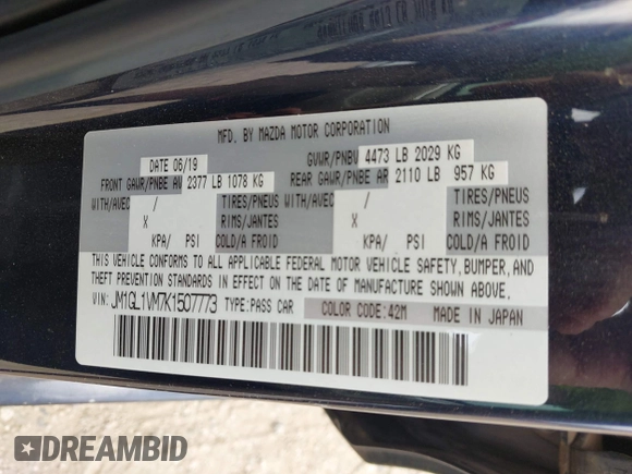 2019 Mazda 6 Touring with VIN JM1GL1VM7K1507773, listed as a IAAI auction lot 42085213 with 59,589 mi miles and . Bid and sale history available at carsss.com. Image 9.