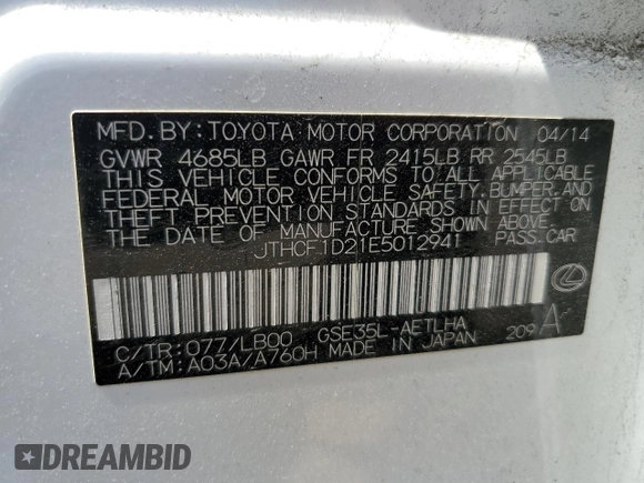 2014 Lexus IS 250 z VIN JTHCF1D21E5012941, wystawiony jako Copart lot #54509915 z przebiegiem 125 233 mil mil oraz Szkoda całkowita • Salvage title. Historia ofert i sprzedaży dostępna na DreamBid. Obrazek 12.
