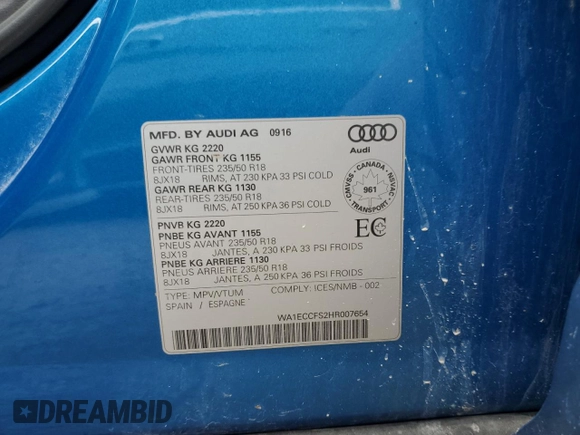 2017 Audi Q3 Premium with VIN WA1ECCFS2HR007654, listed as a Copart auction lot 59002885 with 138,741 mi miles and Clean title. Bid and sale history available at DreamBid. Image 13.