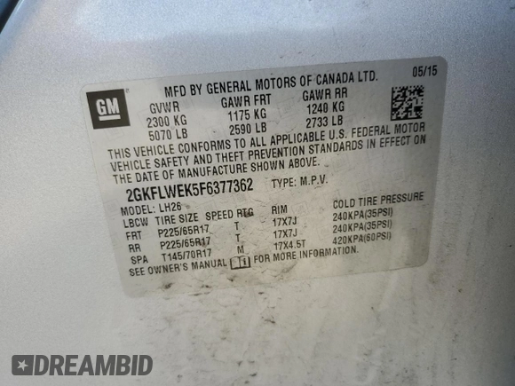 2015 GMC Terrain SLE with VIN 2GKFLWEK5F6377362, listed as a Copart auction lot 62519645 with 128,367 mi miles and Non repairable. Bid and sale history available at DreamBid. Image 14.