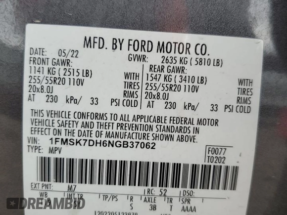 2022 Ford Explorer XLT z VIN 1FMSK7DH6NGB37062, wystawiony jako Copart lot #51503605 z przebiegiem 55 932 mil mil oraz Szkoda całkowita • Salvage title. Historia ofert i sprzedaży dostępna na DreamBid. Obrazek 14.
