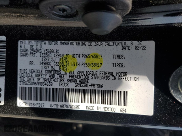 2022 Toyota Tacoma SR5 with VIN 3TMBZ5DN6NM034630, listed as a Copart auction lot 56248145 with 43,309 mi miles and Salvage title. Bid and sale history available at DreamBid. Image 12.
