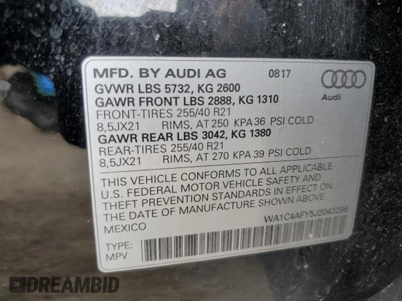 2018 Audi SQ5 Prestige with VIN WA1C4AFY5J2043298, listed as a Copart auction lot 53654434 with 135,553 mi miles and . Bid and sale history available at DreamBid. Image 12.