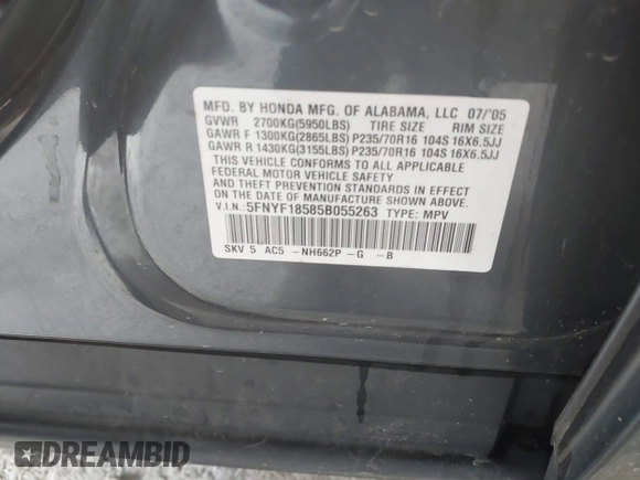 2005 Honda Pilot EX-L с VIN 5FNYF18585B055263, выставлен на аукционе IAAI как лот 42234192 с пробегом 259 274 миль миль и . История ставок и продаж доступна на DreamBid. Изображение 9.