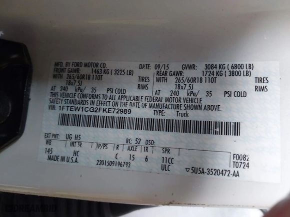 2015 Ford F-150 XL with VIN 1FTEW1CG2FKE72989, listed as a IAAI auction lot 41282621 with 83,119 mi miles. Bid and sale history available at carsss.com. Image 9.
