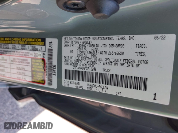 2022 Toyota Tundra Limited with VIN 5TFJA5AB6NX012246, listed as a IAAI auction lot 41868289 with 32,298 mi miles and . Bid and sale history available at DreamBid. Image 9.