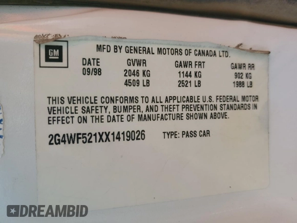 1999 Buick Regal GS with VIN 2G4WF521XX1419026, listed as a Copart auction lot 82878144 with 0 mi miles and Salvage Title. Bid and sale history available at carsss.com. Image 13.