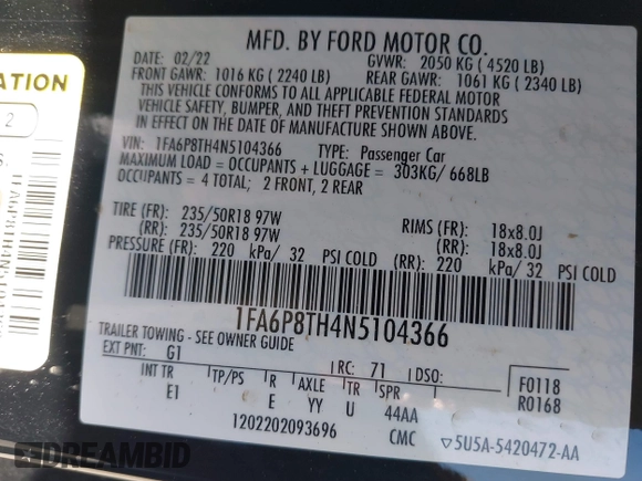 2022 Ford Mustang EcoBoost with VIN 1FA6P8TH4N5104366, listed as a IAAI auction lot 41657715 with 61,083 mi miles. Bid and sale history available at carsss.com. Image 9.