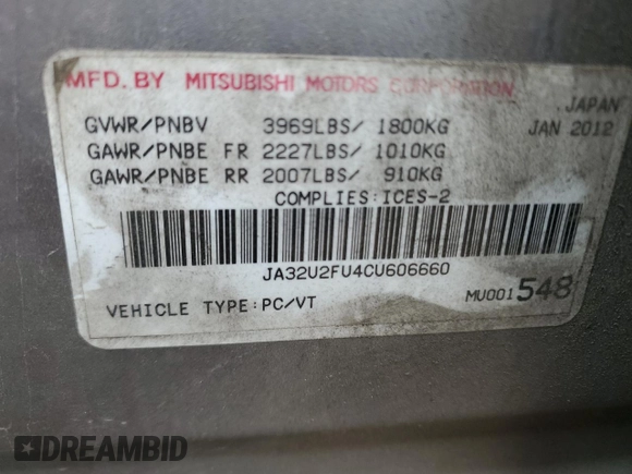 2012 Mitsubishi Lancer ES with VIN JA32U2FU4CU606660, listed as a Copart auction lot 54838245 with 229,604 mi miles and Salvage Title. Bid and sale history available at carsss.com. Image 12.