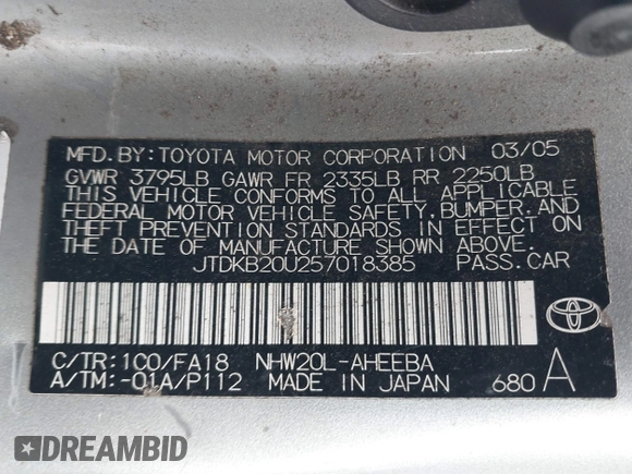 2005 Toyota Prius with VIN JTDKB20U257018385, listed as a IAAI auction lot 42085957 with 161,060 mi miles. Bid and sale history available at carsss.com. Image 9.