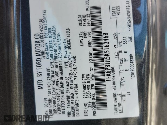 2019 Ford Mustang EcoBoost с VIN 1FA6P8TH5K5163468, выставлен на аукционе Copart как лот 56547035 с пробегом 56 977 миль миль и Списание • Salvage title. История ставок и продаж доступна на DreamBid. Изображение 13.
