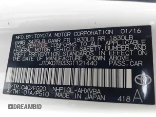 2016 Toyota Prius One with VIN JTDKDTB33G1121440, listed as a IAAI auction lot 42063762 with 72,196 mi miles and . Bid and sale history available at DreamBid. Image 9.