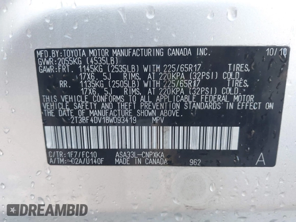 2011 Toyota RAV4 with VIN 2T3BF4DV1BW093419, listed as a IAAI auction lot 41988853 with 115,601 mi miles. Bid and sale history available at carsss.com. Image 9.