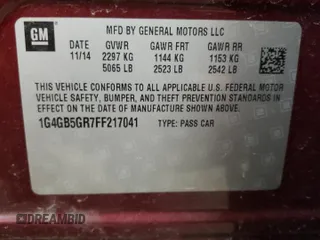 2015 Buick LaCrosse Leather with VIN 1G4GB5GR7FF217041, listed as a Copart auction lot 49183105 with Not provided miles and Clean title. Bid and sale history available at DreamBid. Image 12.