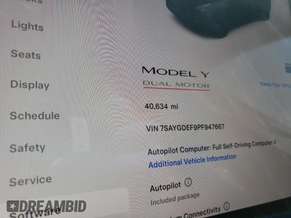 2023 Tesla Model Y Performance with VIN 7SAYGDEF9PF947667, listed as a Copart auction lot 52314795 with 40,634 mi miles and Salvage Title. Bid and sale history available at DreamBid. Image 9.