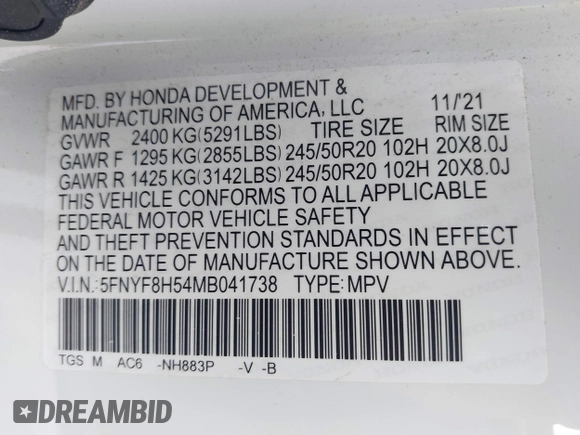 2021 Honda Passport EX-L with VIN 5FNYF8H54MB041738, listed as a IAAI auction lot 42310470 with 52,409 mi miles and . Bid and sale history available at DreamBid. Image 9.