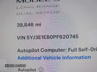 2023 Tesla Model 3 Long Range with VIN 5YJ3E1EB0PF620745, listed as a IAAI auction lot 42010603 with 39,846 mi miles and . Bid and sale history available at DreamBid. Image 16.