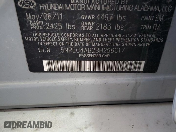 2011 Hyundai Sonata Limited with VIN 5NPEC4AB2BH296617, listed as a Copart auction lot 50751465 with 145,270 mi miles and Salvage Title. Bid and sale history available at DreamBid. Image 12.