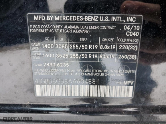 2010 Mercedes-Benz M-Class ML 350 with VIN 4JGBB8GB8AA604881, listed as a Copart auction lot 45242985 with 239,041 mi miles and Salvage Title. Bid and sale history available at carsss.com. Image 14.