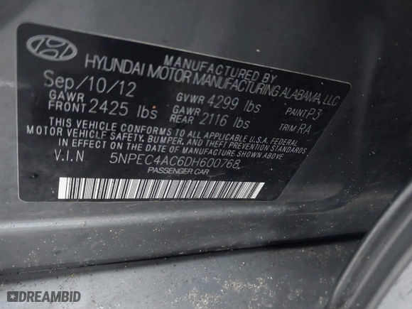 2013 Hyundai Sonata SE with VIN 5NPEC4AC6DH600768, listed as a IAAI auction lot 41481940 with 128,921 mi miles. Bid and sale history available at carsss.com. Image 9.