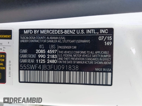 2015 Mercedes-Benz C 300 z VIN 55SWF4JB3FU091838, wystawiony jako IAAI lot #42018413 z przebiegiem 98 338 mil mil oraz . Historia ofert i sprzedaży dostępna na DreamBid. Obrazek 9.