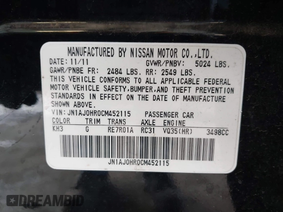 2012 Infiniti EX Journey with VIN JN1AJ0HR0CM452115, listed as a IAAI auction lot 41625220 with 168,146 mi miles. Bid and sale history available at carsss.com. Image 9.
