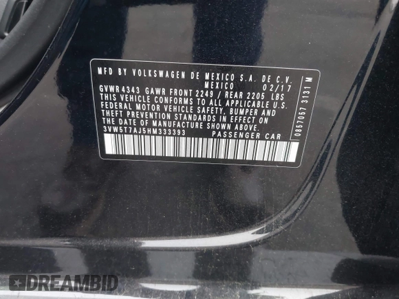 2017 Volkswagen Jetta GLI с VIN 3VW5T7AJ5HM333393, выставлен на аукционе IAAI как лот 42148596 с пробегом 185 261 миль миль и . История ставок и продаж доступна на DreamBid. Изображение 9.