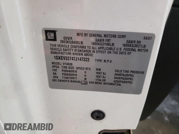 2007 GMC Acadia SLT with VIN 1GKEV33747J147223, listed as a Copart auction lot 68908164 with 0 mi miles and Non Repairable. Bid and sale history available at carsss.com. Image 15.
