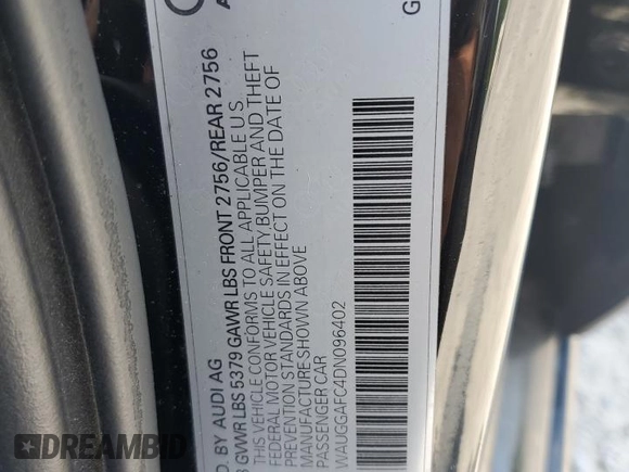 2013 Audi A6 Premium Plus with VIN WAUGGAFC4DN096402, listed as a Copart auction lot 63414095 with 141,483 mi miles and Salvage title. Bid and sale history available at DreamBid. Image 12.
