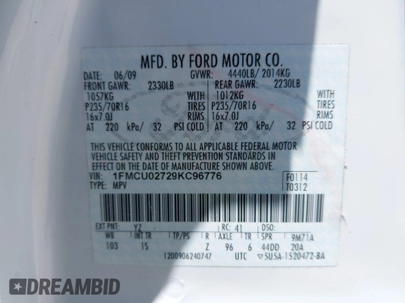 2009 Ford Escape XLS with VIN 1FMCU02729KC96776, listed as a IAAI auction lot 42189338 with 188,393 mi miles and . Bid and sale history available at DreamBid. Image 9.